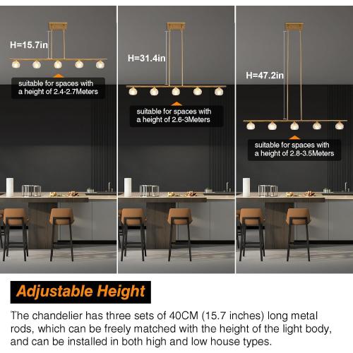TANIN Kitchen Island Lighting Fixture, Dining Room Over Table 5 Lights Chandeliers, Height Adjustable Gold Crystal Shade Chandelier Farmhouse Pendant for Lighting Foyer Hallway Living Room -47.6