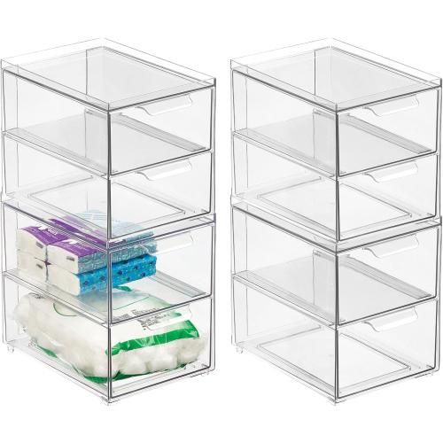 mDesign Stackable Storage Containers Box with 2 Pull-Out Drawers - Stacking Plastic Drawer Bins for Master or Guest Bathroom, Linen Closet, Vanity, Makeup Table Lumiere Collection 4 Pack, Clear