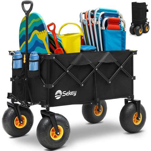 Heavy Duty Beach Wagon with 9 Big Sand-Proof Wheels – 440lb Capacity, Sekey 200L Oversized Foldable Cart | Adjustable Handle & All-Terrain Tires for Sand, Camping, Groceries. Black