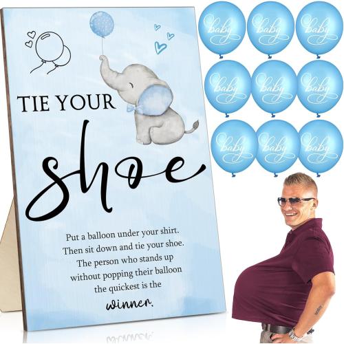 Roowest 51 Pcs Tie Your Shoe Baby Shower Game Sign Wooden Sign Greenery Gift Sets Gender Reveal Party Favors 50 Balloons Latex Balloons for Game Supplies(Blue,Elephant)