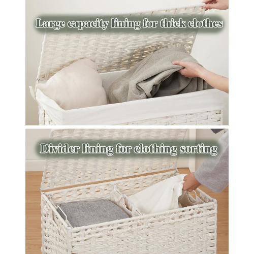 SETVSON Laundry Hamper with Lid Wicker Laundry Basket 112 L (29.6 Gal) Laundry Hampers Handwoven Rattan Clothes Hamper with Handles 3 Removable Liner Bag, 6 Mesh Bags for Bathroom Bedroom White