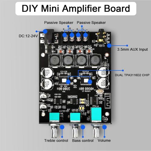 ZK-1002T 100W 100W Bluetooth Amplifier Board, 2.0 Channel Bluetooth 5.0 Subwoofer Audio AMP with Treble and Bass Control, DC12-24V, BT and AUX Inputs, TPA3116D2 Chip Stereo AMP Board for DIY Speakers