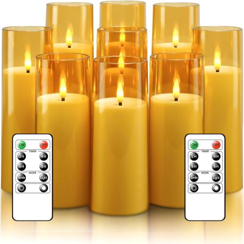 Flickering Flameless Candles Battery Operated with Remote and 2/4/6/8 H Timer Acrylic Led Pillar Candles Pack of 9 (appr D2.3xH5.56.57.5)with Realistic 3D Wick Candles for Home Decor(Gold)