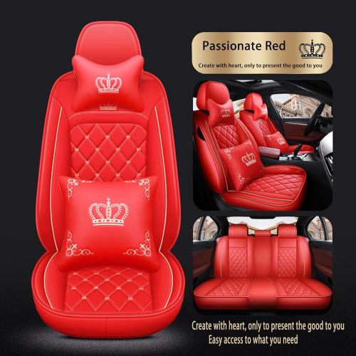 Crown Car Seat Covers Full Set, Premium Leather Waterproof Anti-Slip Automotive Interior Protector for Cars, SUVs, Pickup, Trucks & Sedans (Red)