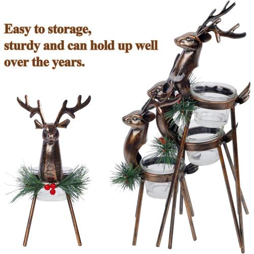 Juegoal Set of 3 Reindeer Tealight Candle Holders, Standing Iron Metal Christmas Decorations, Glass Votive Candle Holder, Durable and Rust-Proof Holiday Tabletop Centerpiece and Display