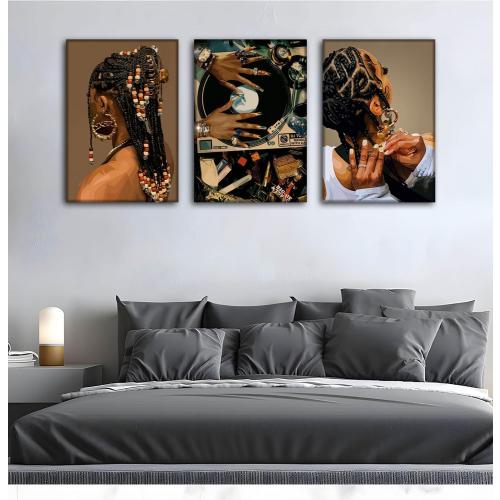 Size 12x16 3Pcs Framed Black Woman Canvas Wall art African American Woman Fashion Hairstyle Wall Decor Picture Black Girl Record Posters prints for Living Room Bedroom Bathroom Home Decoration 12x16in