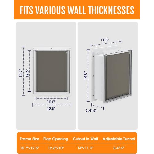 Powools Pet Dog Door for Wall - Robust Steel Pet Door with Magnetic Triple Flaps, 12.6 x 10 Flap Opening, Adjustable Tunnel for 3.4-6 Thick PVC, Wood, Drywall, for Pets Up to 45lb, White