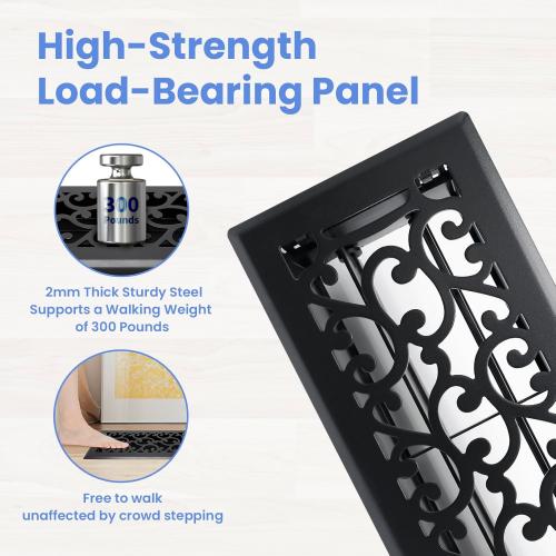 4x10 Inches 6 Pack Heavy Duty Walkable Floor Register - Easy Adjust Air Supply Lever Decorative Floor Vent Covers, Savannah Design Vent Covers for Home - Matte Black