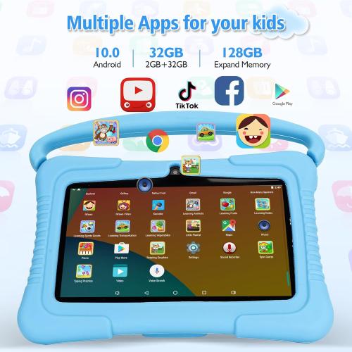 Veidoo Kids 7 Android Tablet PC, 2GB RAM, 32GB ROM, Safety Eye Protection, WiFi, Dual Camera, Games, Parental Control APP, Blue Silicone Case