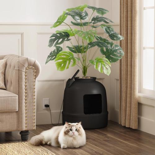 Lifewit Plant Litter Box with Odor Control System, Hidden Cat Litter Box Enclosure with Artificial Plants & Infrared Sensor Auto On/Off, 4 Modes Lights, Quiet, Fits Most Cats, Black