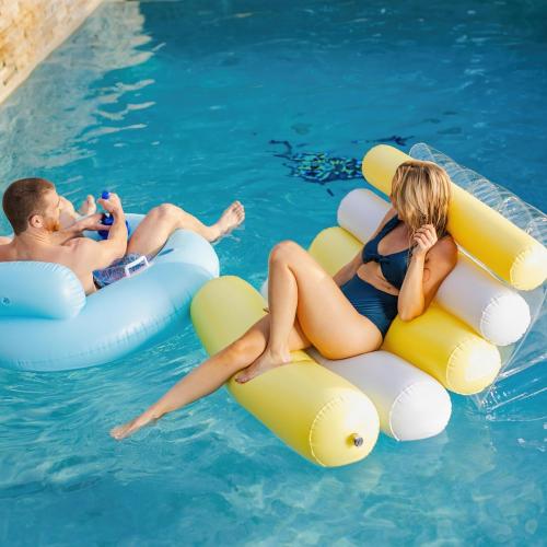 Comfy Floats Motorized Pool Float with 12V Propeller and Cup Holder | 12V motor with 360 degree steering and a built-in cup holder. Oversized tube sized for adults on pools and calm lakes.