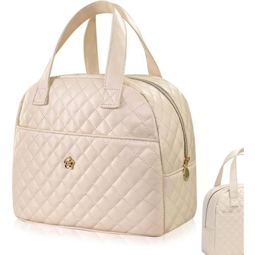 Insulated Lunch Bag PU Leather Lunch Bag Women Waterproof Lunch Tote Bag for Women Reusable Womens Lunch Box Multipurpose Beige Lunch Bag for Work Office Picnic Travel