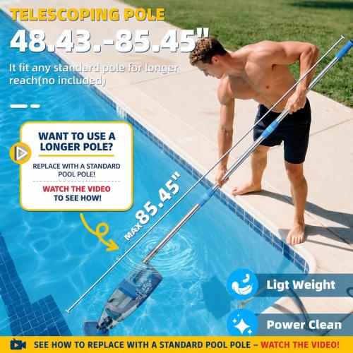 Cordless Pool Vacuum Above & Inground Pools, Powerful 1590 GPH Suction,Handheld Telescopic Pole up to 85.45, 1H Runtime, 2L Debris Bin, Rechargeable Pool Cleaner for Spas & Hot Tubs