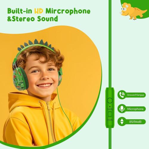 Color Green TCJJ Dinosaur Headphones for Boys to School, Kids Wired Headphones with Mic & 3.5mm Jack, Safe Volume 85/94dB,Noise Cancelling Over-Ear Headphone with Adjustable Headband for iPad/Smartphones-Green
