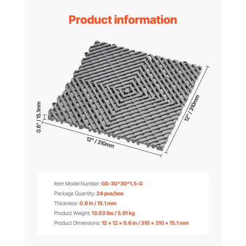VEVOR Interlocking Drainage Mat, 12” x 12” Modular Interlocking Cushion, 24 Pcs Splicing Drainage Mats, Non-Slip Gray PP Drainage Floor Tile and Shower Mat, for Garage, Garden, Kitchen & Outdoor