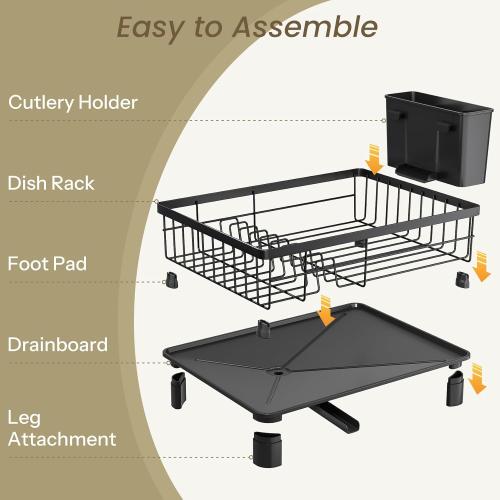 SNTD Dish Drying Rack - Small Dish Rack for Kitchen Counter, Stainless Steel Dish Drainer with Utensil Holder and Drainboard, 11 W x 15 L (Black)
