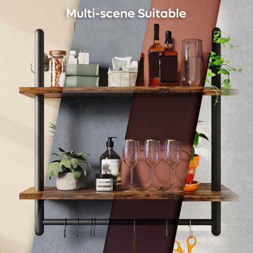 Bestier 24 Floating Kitchen Shelves Wall Mounted 2 Tier Coffee bar Shelves with 8 Hooks, Industrial Wall Shelf for Kitchen, Living Room Bedroom, Rustic Brown