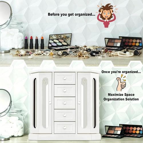 RR ROUND RICH DESIGN Vintage Jewelry Armoire with Mirror White | Solid Wood Jewelry Box Organizer with 5 Drawers & 2 Glass Doors - Large Capacity Desktop Dresser Case