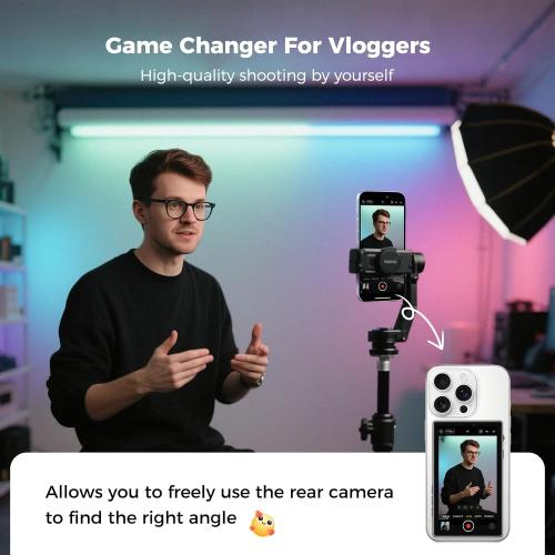 Selfie Monitor Screen for Phone with USB-C Remote Control, Magnetic Wireless Back Camera Mirroring 4K 30fps Recording, Speaker, 3 Brightness, for Vlog Live Stream(Not for iPhone17 Series&Google Pixel)