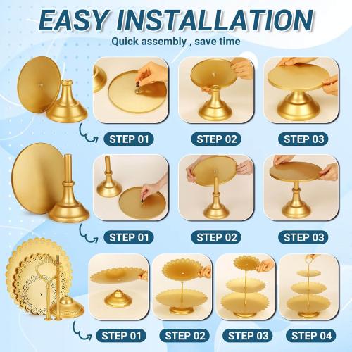 Audab Metal Gold Dessert Table Display Set Including Cake Stands, Cupcake Tower Stand, Dessert Tray, Risers Stands, Cake Cutting Set and Serving Tongs for Wedding, Birthday Party Decor