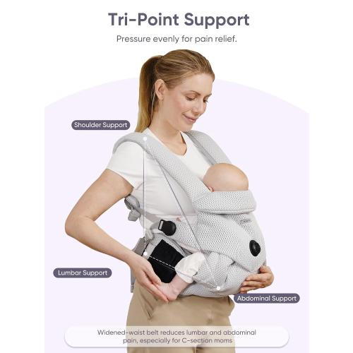 bonoch Breathable Baby Carrier Newborn to Toddler - EaseFit Adjust Knob for Baby Hip Health, Ergonomic Mesh Infant Carrier Sling, Dual Lock Belt, Storage Bottle Pocket, 3 Bibs, 10-44lbs, Shower Gifts