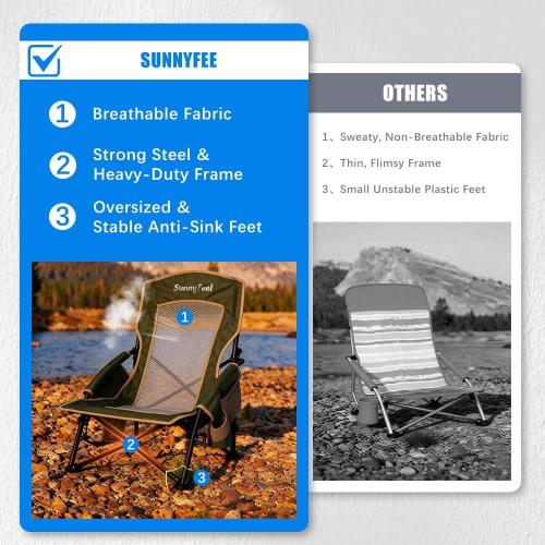 SunnyFeel Low Folding Beach Camping Chair 2 Pack, Portable Backpacking Chairs with Mesh Back,Cup Holder, Compact & Heavy Duty for Adults 300 LBS for Outdoor Picnic Fishing Concert Sand Lawn (2pcGreen)