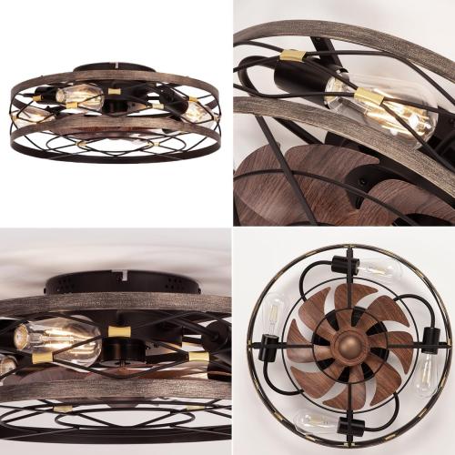 SHLUCE Small Fandelier Caged Ceiling Fan with Light, Farmhouse Low Profile Flush Mount Ceiling Fans with Lights and Remote, Rustic Bladeless Ceiling Fan with Light for Kitchen, Bedroom, Living Room