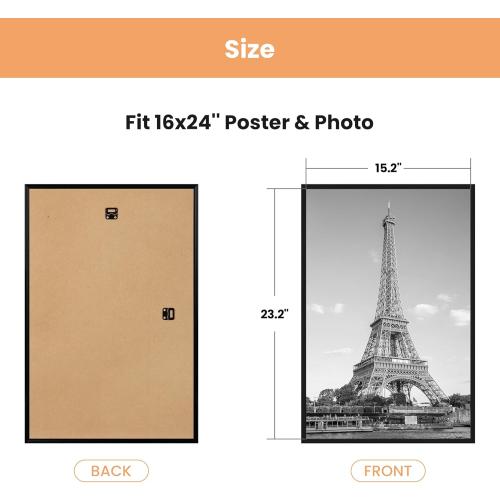 upsimples 16x24 Picture Frame Black 3 Pack, Scratch-Proof Poster Frames 16 x 24 for Photo Gallery - Slide-In Strips, Horizontal or Vertical Wall Mounting