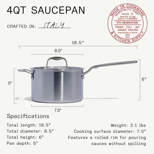 Made In Cookware | 4 Quart Stainless Steel Saucepan with Lid | 5 Ply Stainless Clad Sauce Pan | Professional Cookware | Crafted in Italy | Induction Compatible