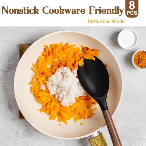 Silicone Cooking Utensil Set, Umite Chef 8-Piece Kitchen Utensils Set with Natural Acacia Wooden Handles,Food-Grade-Silicone Kitchen Gadgets Spatulas Set for Nonstick Cookware- Black ( 1 missing)