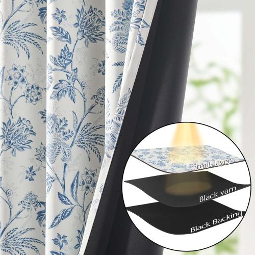 Vangao Blackout Curtains for Bedroom 84 Inches Long, Floral Curtains for Living Room Printed Flower Blackout Drapes Leaf Pattern Thermal Farmhouse Drapes Window Treatments, 2 Panels Blue and White