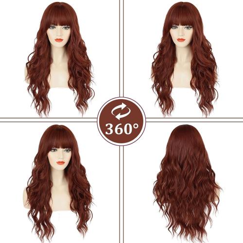 Ginger Orange Wigs with Bangs for Women Long Curly Auburn Wavy Wigs Heat Resistant Synthetic Bangs Wig for Daily Party Use (Ginger Orange, 26 Inches)