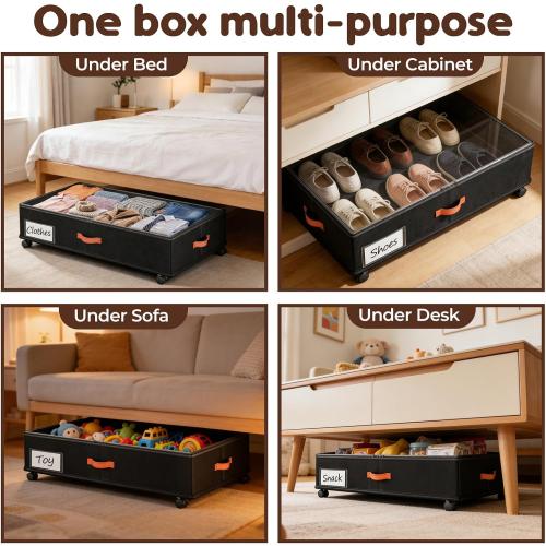 Under Bed Storage with Wheels 2-Pack, Under Bed Storage Containers 66L Clear Lids, Rolling Storage Drawers for Clothes Shoes Blankets, Underbed Organizer Bins(32 L x 17.3 W x 7.2 H)