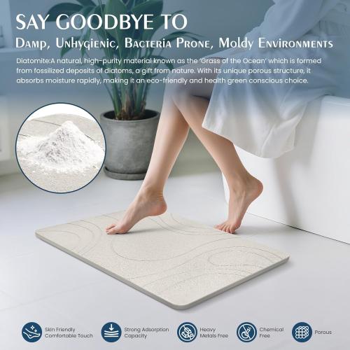 Stone Bath Mat Quick Dry Diatomaceous Earth Bath Mat Non-Slip Shower Stone Bathmat Super Absorbent Water Diatomite Bathroom Floor Pad Elegant,Natural,Esay to Clean (Flow Line-Beige)