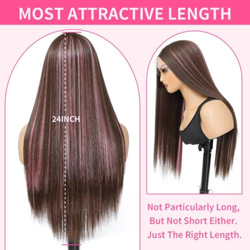 Synthetic Lace Front Wig 13X4X1 Inch Lace Front Wig 24 Inch Cheap Straight Lace Front Wigs Synthetic Wigs For Black Women Pre-Plucked Cheap Wigs Dark Brown/Pink