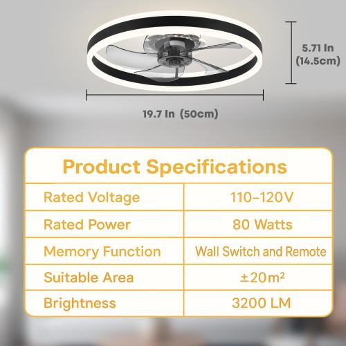 Ceiling Fan with Light, Upgraded 20‘’ Low Profile Fan, Flush Mount Ceiling Fan, 6 Speeds, Dimmable LED, App & Remote Control, Quiet DC Motor, for Bedroom, Living Room, F105 Black-D