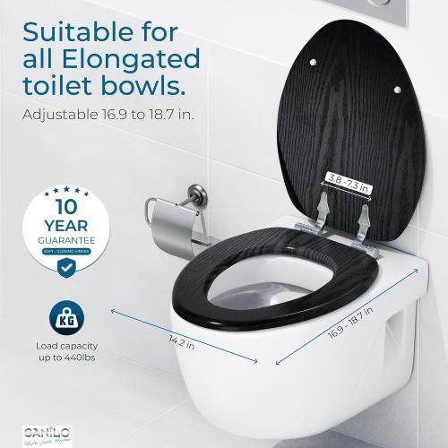 SANILO Wooden Toilet Seat with Soft Close [ELONGATED] - Decorative, Quiet & Slow Close Molded Wood Seat - With Strong Bumpers & Hinges - Adjustable Fit - Black Wood
