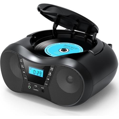 Boombox Portable CD Players for Home with Bluetooth, Boombox FM Radio Combo, Stereo Sound, AC/Battery Powered, CD-R/RW Compatible (Black)