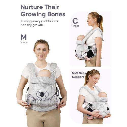 bonoch Breathable Baby Carrier Newborn to Toddler - EaseFit Adjust Knob for Baby Hip Health, Ergonomic Mesh Infant Carrier Sling, Dual Lock Belt, Storage Bottle Pocket, 3 Bibs, 10-44lbs, Shower Gifts