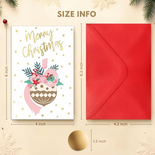 24 Pack Gold Foil Christmas Cards with Envelopes and Inside Messages 6 Assorted Designs Christmas Cards Bulk for Friends, Family, Kids, Boys, Girls.