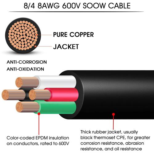 50ft 8/4 Wire 8 AWG SOOW Wire 8 Gauge,8/4 Portable Power Cable 8 Gauge 4 Conductor Electric Cable SOOW Extension Cord for NEMA 14-35amp Generator,Welder,Portable Light,EV Car Charger,Motor Lead