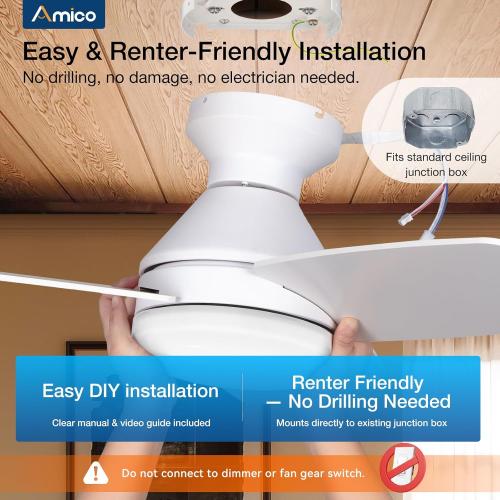 Amico Ceiling Fans with Lights, 52 inch Low Profile Ceiling fan with Light and Remote Control, Flush Mount, Reversible, 3CCT, Dimmable, Noiseless, White Ceiling Fan for Bedroom, Indoor/Outdoor Use