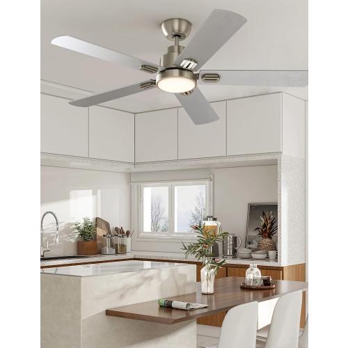 warmiplanet 52 Inch Indoor Ceiling Fans with Lights and Remote Control, 6 Speeds Slient Reversible DC Motor, 3 Color Dimmable LED Light, Timer, Brushed Nickel, 5 Blades