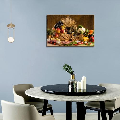 Food Wall Art Fruit Canvas Dining Room Brown Picture Kitchen Wall Decor Various Fruit Bread in Basket On The Table Picture Print On Canvas Food for Living Room Office Home Decor