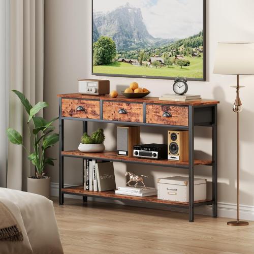 Furologee Long 47 Console Sofa Table with 3 Drawers, Entryway Table with 3-Tier Storage Shelves, Industrial Display Shelf for Entry Way, Hallway, Couch, Living Room, Kitchen, Foyer, Rustic Brown