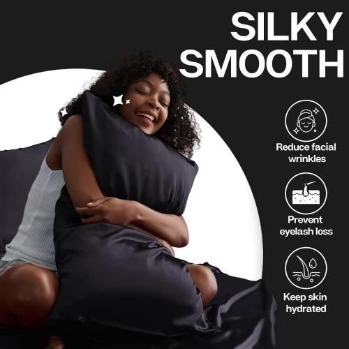 MR&HM Satin Pillowcase for Hair and Skin, Silk Satin Pillowcase 2 Pack, Queen Size Pillow Cases Set of 2, Silky Pillow Cover with Envelope Closure (20x30, Black)