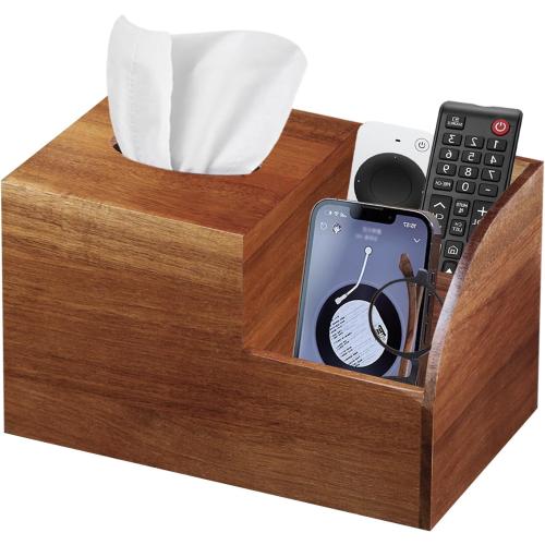 BIBELUN Square Tissue Box Cover,Multi-Functional Wood Tissue Box Holder with Storage Grid,Tissue and Remote Control Holder,Decorative Facial Tissue Cube Box Organizer for Desk,Nightstand,Bathroom