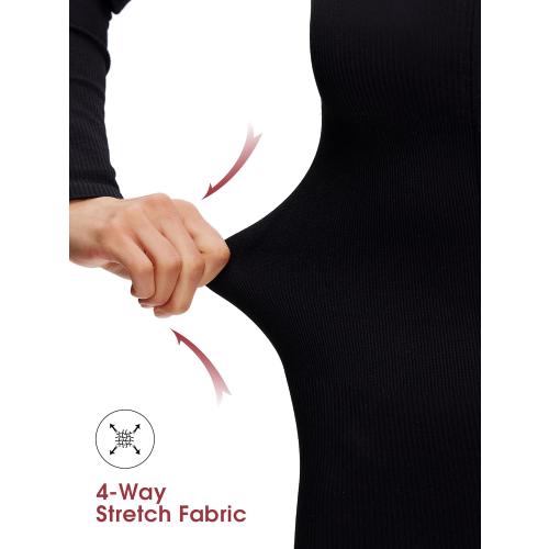 Medium Front Zip Up Jumpsuits for Women - Long Sleeve Crew Neck Ribbed Seamless Bodycon Romper, Casual Yoga Workout Outfits