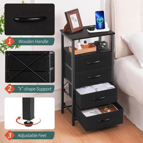 Yoobure Night Stand - Small Dresser for Bedroom, LED Black Nightstand with Charging Station, Bedside Table with 4 Fabric Drawers and Open Shelf, Vertical Dressers with USB Ports and Outlets may have missing accessories