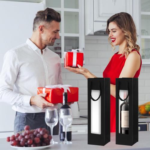 mekueeex 36 Pcs Single Wine Bottle Gift Bag, Clear Window Wine Bags for Wedding Reusable Flower Boxes Bulk with Handles for Holiday Birthday(Black)